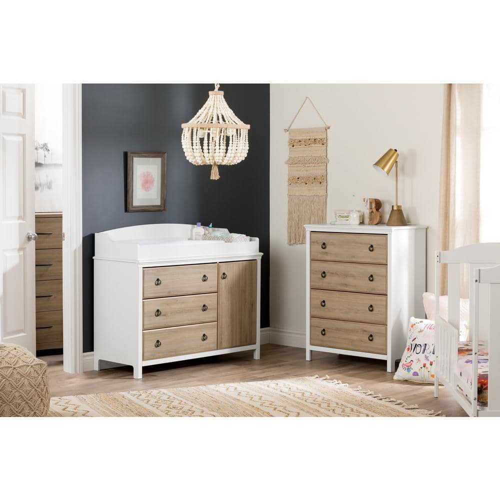 Pure White and Rustic Oak 4-Drawer Chest with Metal Handles