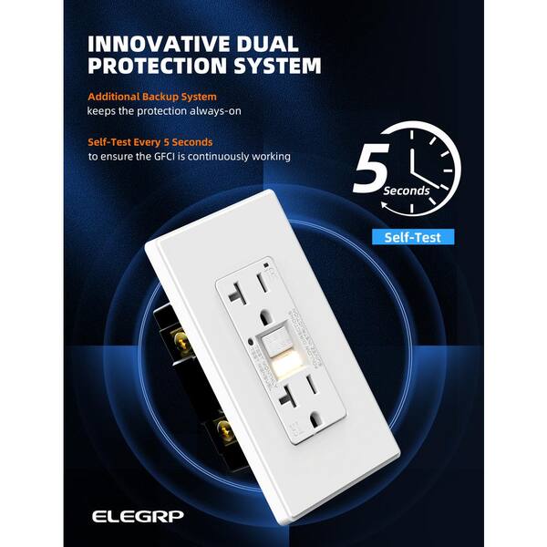 thumbnail image 2 of ELEGRP 20 AMP 125-V Duplex Tamper Resistant Self-Test GFCI Outlet, With Screwless Wall Plate, UL 2 of 11