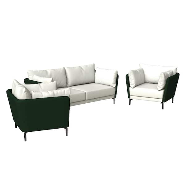 3-Piece Sofa Set Upholstered in PU Leather with Solid Wood Frame Metal Legs Removable Cushions Luxify Series in Green