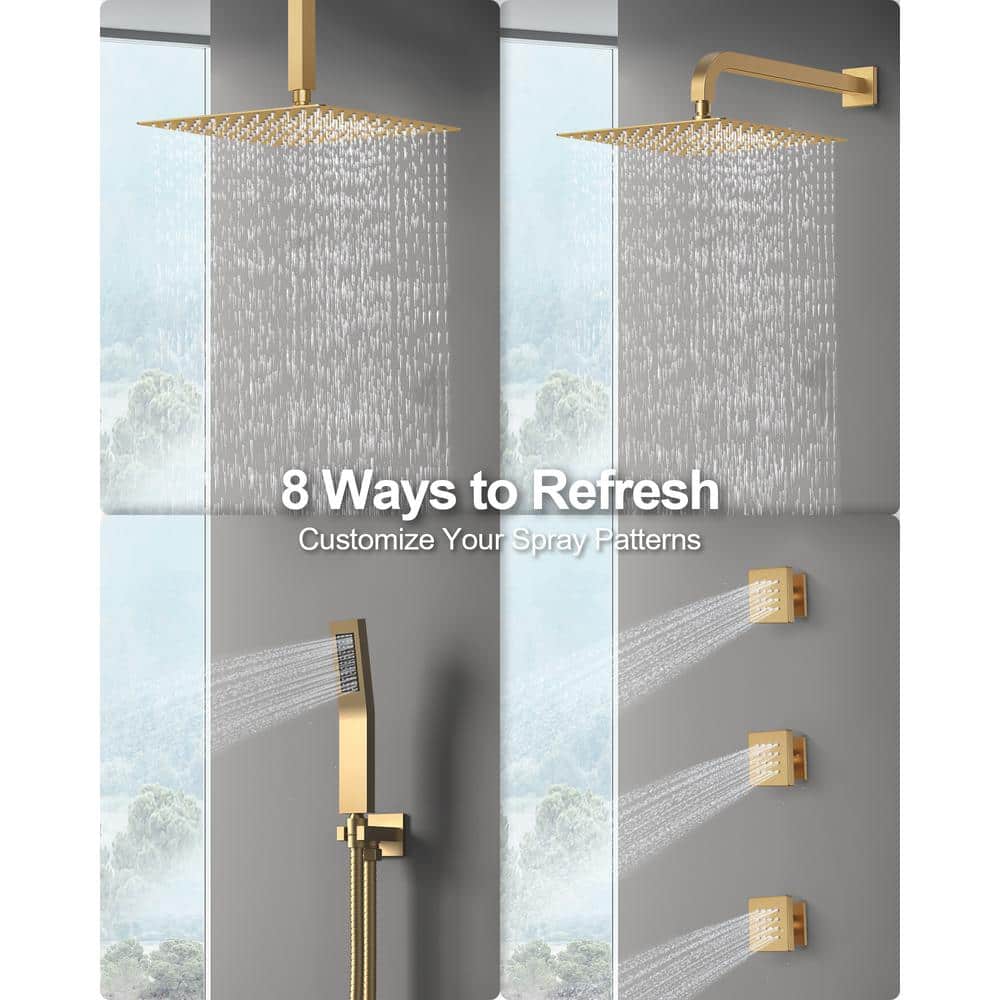 Grandjoy Brushed Gold Dual Shower Head System with Handheld Spray and Jets