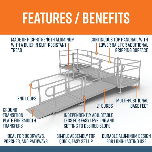PATHWAY 16 ft. L-Shaped Aluminum Wheelchair Ramp Kit with Solid Surface Tread, 2-Line Handrails and (2) 4 ft. Platforms