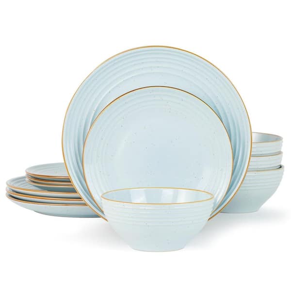 12-Piece Blue Stoneware Dinnerware Set (Service for 4), Handcrafted Plates and Bowls with Speckles & Embossed Swirls