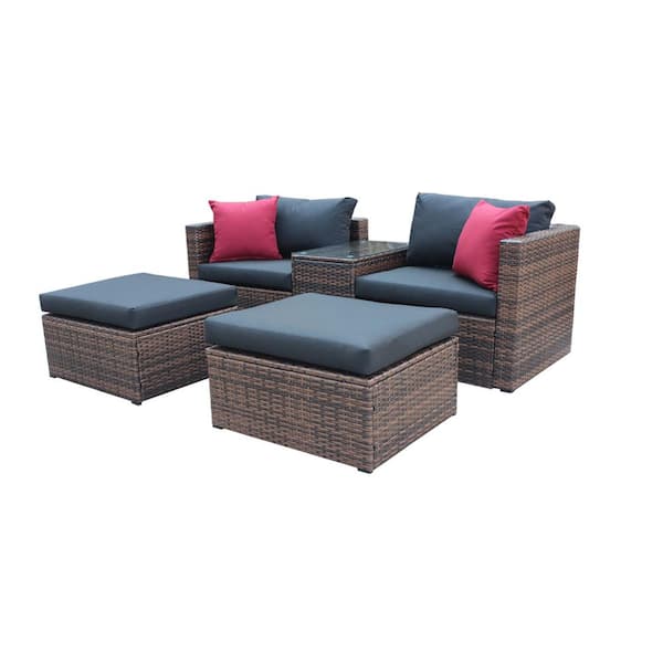 Unbranded 5-Piece Large Wicker Outdoor Sectional Conversation Set with Ottomans, Black Cushions and Cover for Balcony, Garden