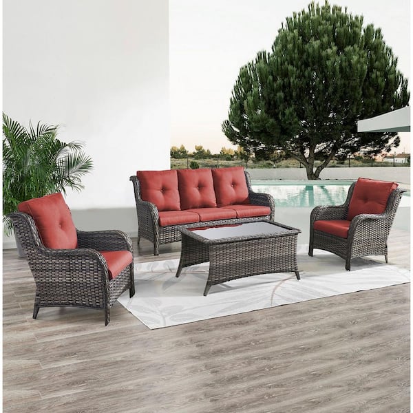 Gymojoy Carolina Gray Wicker Patio Conversation Set with Red Cushions