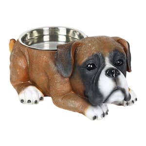 Boxer 13 in. x 5.5 in. Resin Statue with Stainless Insert Bowl Dog in MultiColor
