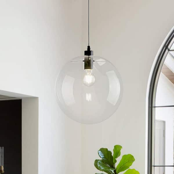 1-Light Matte Black Globe Pendant Light with Clear Glass Shade