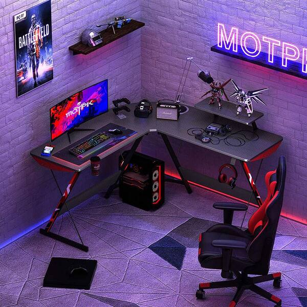 51 in. L Shaped Carbon Fiber Computer Gaming Desk with Monitor