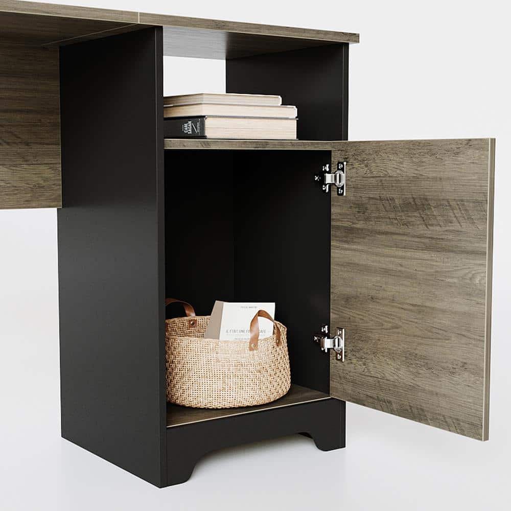 Gray Executive Desk with Storage Cabinet and Keyboard Tray