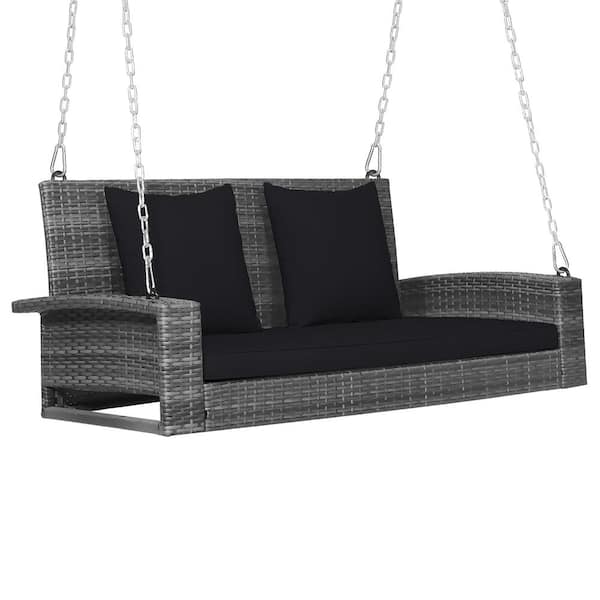 Gymax 2-Person Patio Hanging Porch Swing Rattan 800LBS Swing Bench w/Black Cushions
