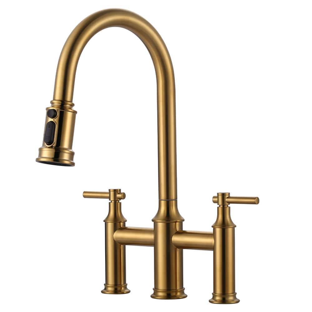 WOWOW Double Handle Bridge Kitchen Faucet with 3Spray Patterns and 360