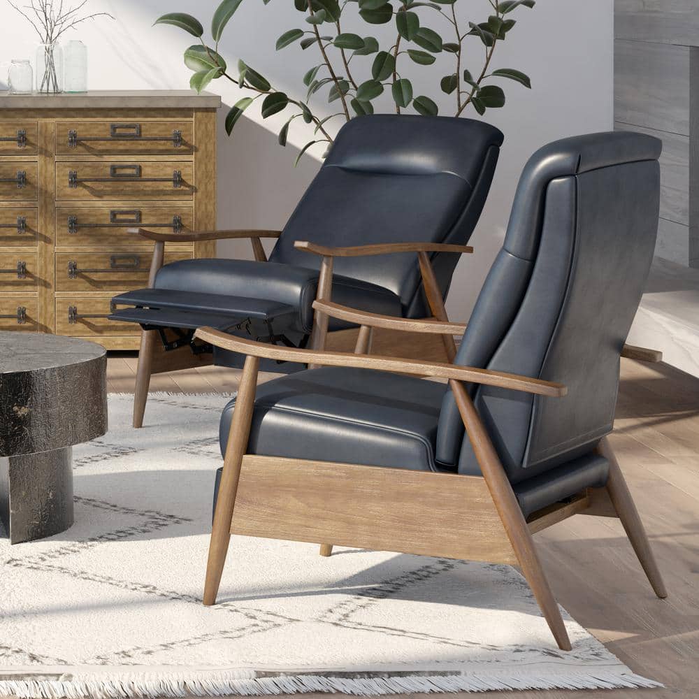 Midnight Blue Faux Leather Wood-Armed Recliner Chair