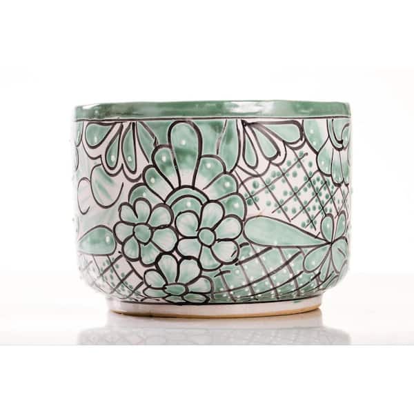Talavera 10 in. W x 7 in. H Teal Indoor Ceramic Medium Low Cylinder Planter