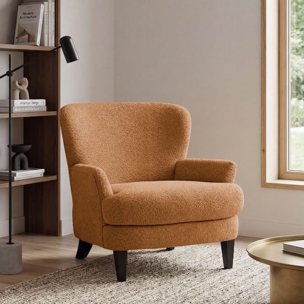 Willey Modern Caramel Upholstered Boucle Accent Arm Chair with Tapered Solid Wood Legs