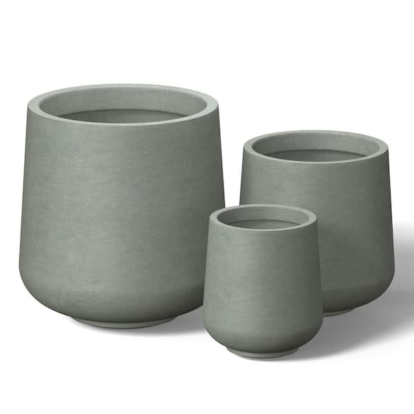 8.5 in. 12 in. 15.5 in. Sage Gray Concrete Round Planter / Pot with Drainage Holes (Set of 3)