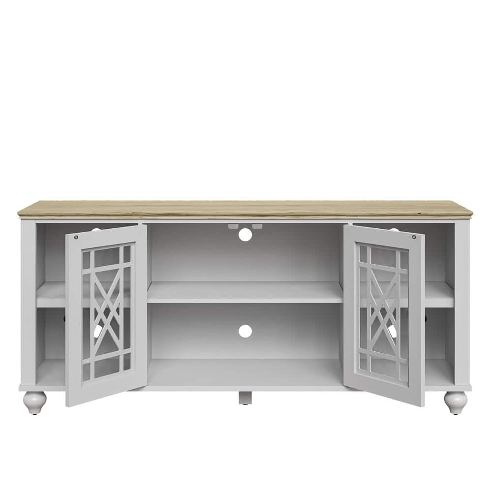 Vintage White and Oak 60" TV Stand with Carved Cabinet Doors