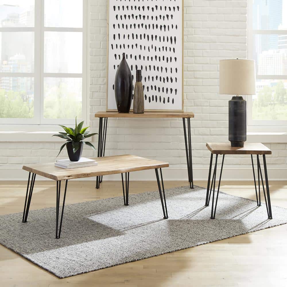 Acacia Wood and Black Metal Square End Table with Hairpin Legs