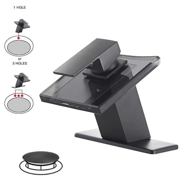 BWE Glass Spout Waterfall Single Hole Single Handle Bathroom Sink Faucet With Pop Up Drain With Overflow In Matte Black