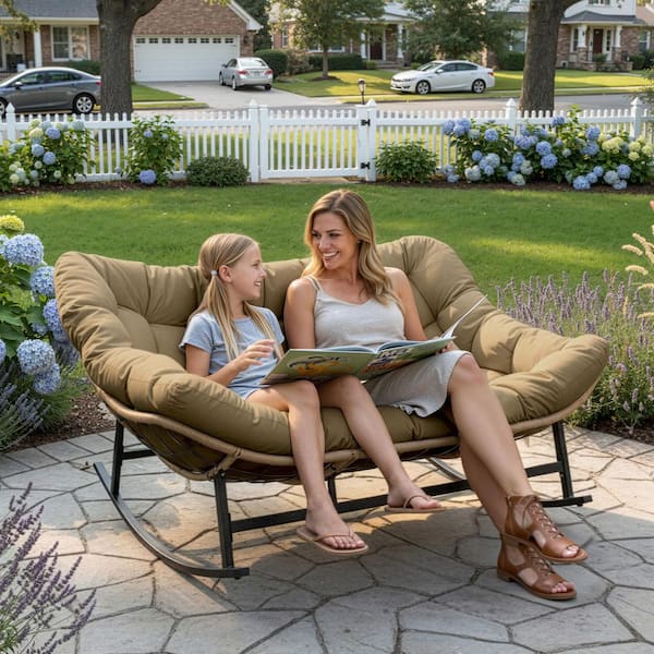 Wicker Outdoor Rocking Loveseat with Brown Cushions for Porch