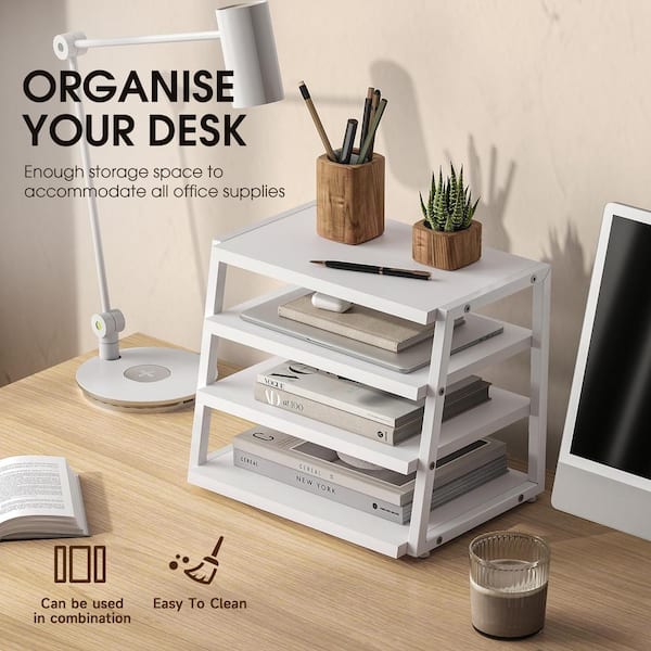 4-Tier Mesh Desk Organizer With Handle - White Paper Letter Tray, File Sorter For Office/Home