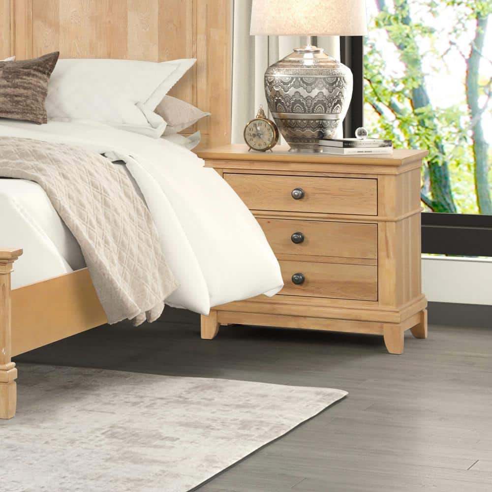 Natural Oak 2-Drawer Solid Wood Nightstand with Metal Knobs
