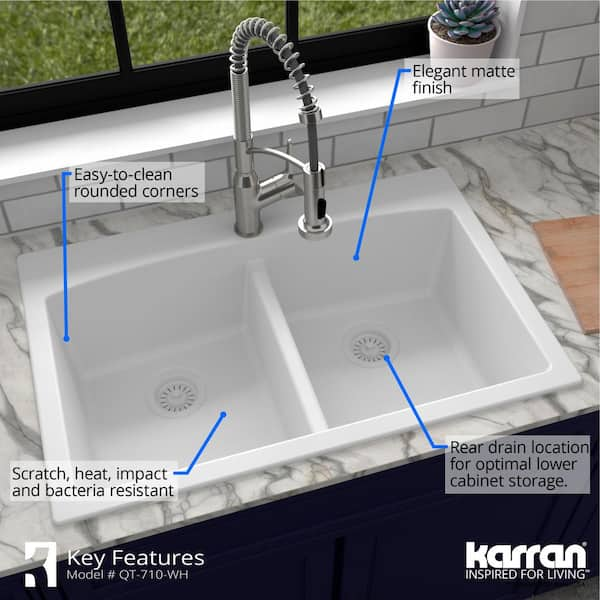 Karran QT-710 Quartz/Granite 33 in. Double Bowl 50/50 Top Mount Drop-In  Kitchen Sink in White with Bottom Grid and Strainer QT-710-WH-PK1 - The  Home Depot