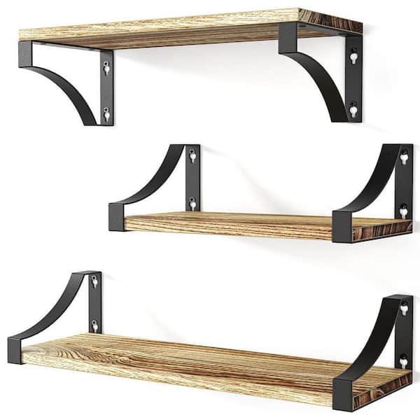 Cubilan 5.9 in. x 16.4 in. x 4.3 in. Natural Wood Floating Decorative Wall Shelves with Metal Brackets (Set of 3)