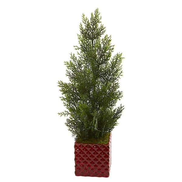 Nearly Natural 25 in. Indoor/Outdoor Mini Cedar Pine Artificial Tree in Red Planter