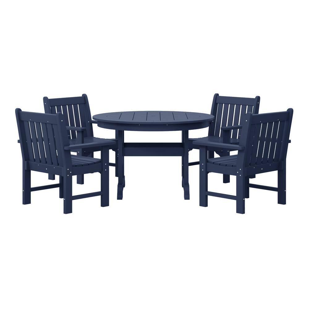 Laguna 5-PCOutdoor Patio Poly Plastic Fade Resistant Garden Arm Chair and Round Trestle Table Dining Set in Navy Blue price history on PriceWatchPro