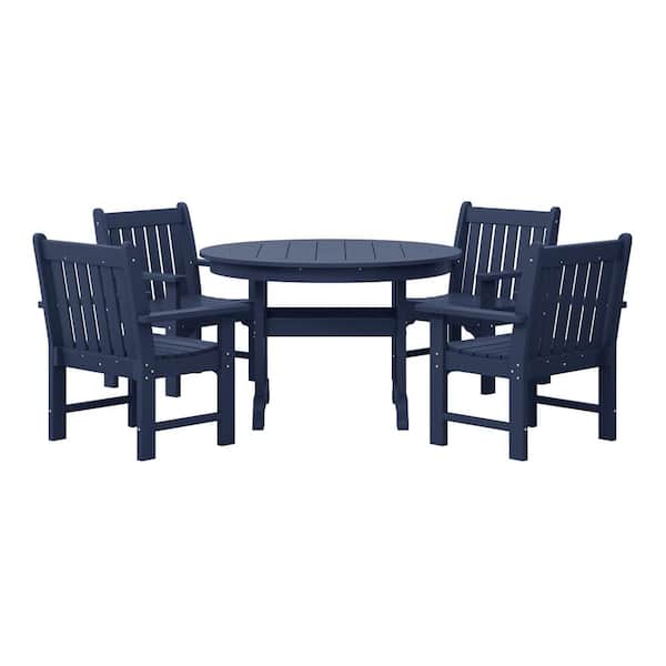 Laguna 5-PCOutdoor Patio Poly Plastic Fade Resistant Garden Arm Chair and Round Trestle Table Dining Set in Navy Blue