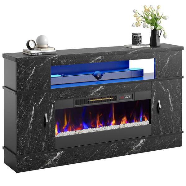 Bestier 63 in. Black Marble TV Stand with Electric Fireplace Fits