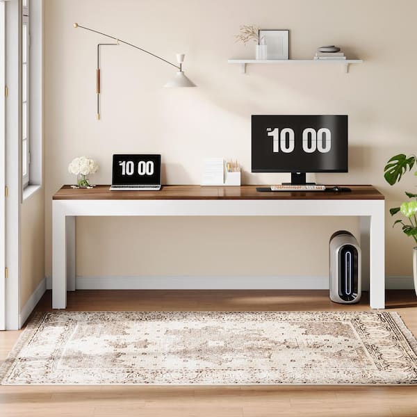 Halseey 79 in. Large Rectangular Brown and White Modern 2-Person Computer Desk w/Storage,Long Computer Table Home Office