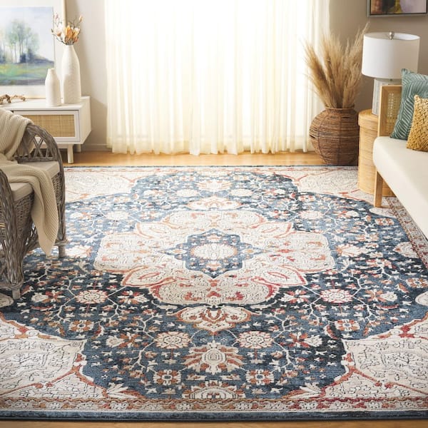 Rosewood 9 ft. x 12 ft. Ivory/Blue Distressed Ornate Medallion Area Rug