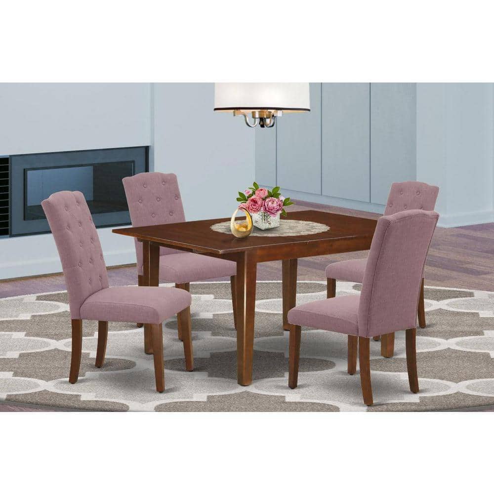 5-Piece Mahogany Finish Solid Wood Top - Rectangular Dining Room Set with Butterfly Leaf - Seats 4