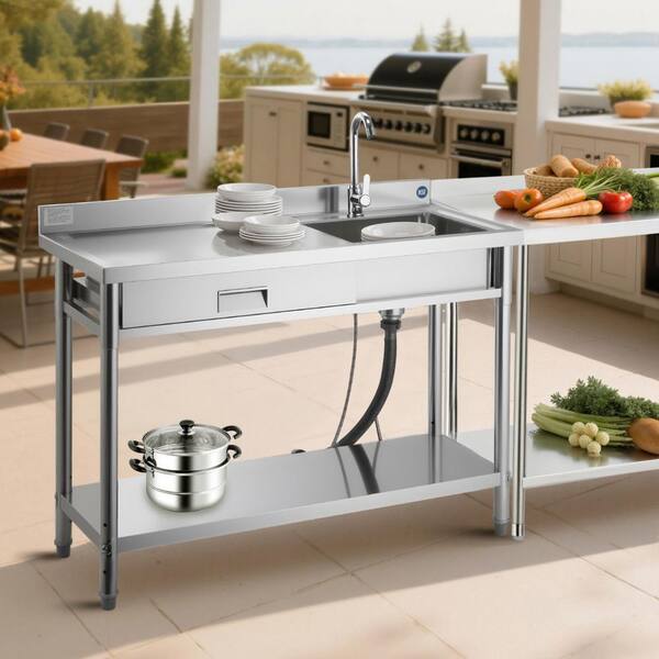 47.2 in. Commercial Sink, Rolling Single Bowl Kitchen Sink with Drawer, Water Pipe, 47.2 x 19.7 x 37 in. Length 17 in.