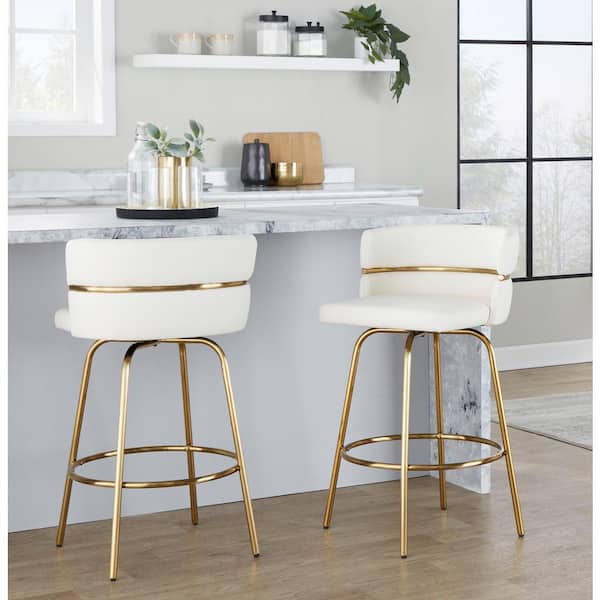 Cinch Claire 25.75 in. White Faux Leather and Gold Metal Fixed-Height Counter Stool with Round Footrest (Set of 2)
