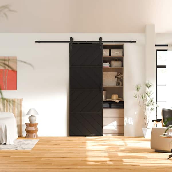 30 in. x 84 in. Black, Wood Panel Textured, MDF and PVC Covering, Finished Sliding Barn Door with Hardware Kit