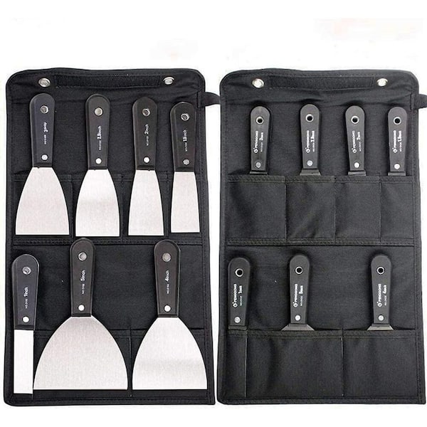 7-Piece Stainless Steel Putty Knife Set with Premium Handles and Storage Bag for Drywall Spackle and Paint Removal