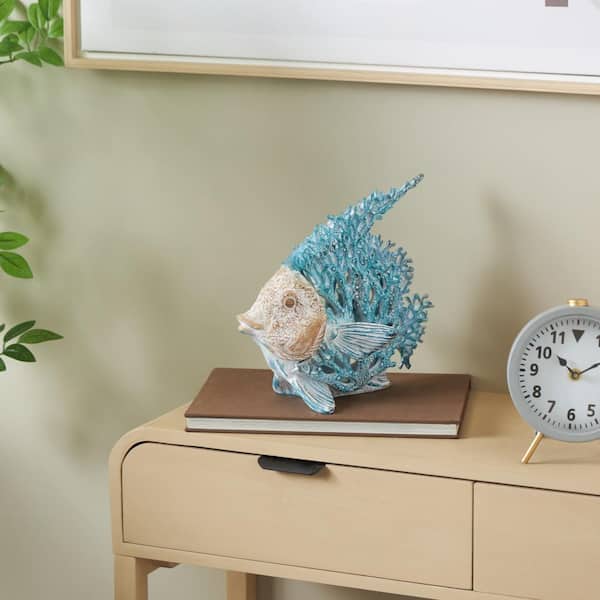 Litton Lane Blue 11 in. x 10 in. Polystone Textured Fish Sculpture with Brown and White Face