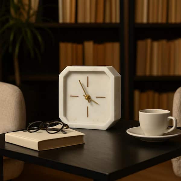 White Marble 6.25 in. H Octagon Table Clock