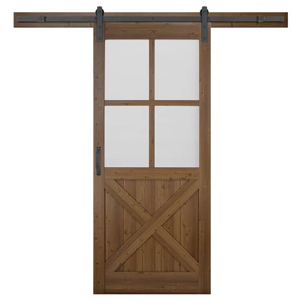Masonite 36 in. x 84 in. 4-Lite Crossbuck Nutmeg Interior Sliding Barn Door Slab with Hardware Kit