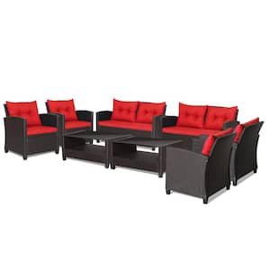 8-Piece Outdoor Conversation Set Patio PE Rattan Set with Glass Table and Sofa Cushions Red