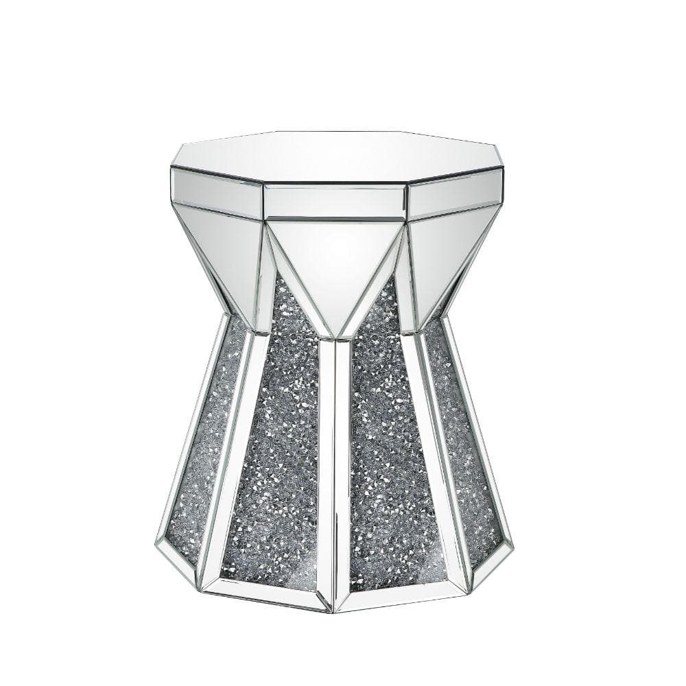 Faceted Round Mirrored Wood End Table with Faux Diamonds - Silver