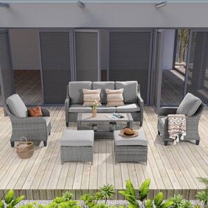 6-Piece Patio Outdoor Conversation Set with Thickening Ottomans Coffee Table, Linen Grey Cushion