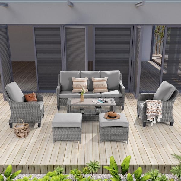 JOYESERY 6-Piece Patio Outdoor Conversation Set with Thickening Ottomans Coffee Table, Linen Grey Cushion