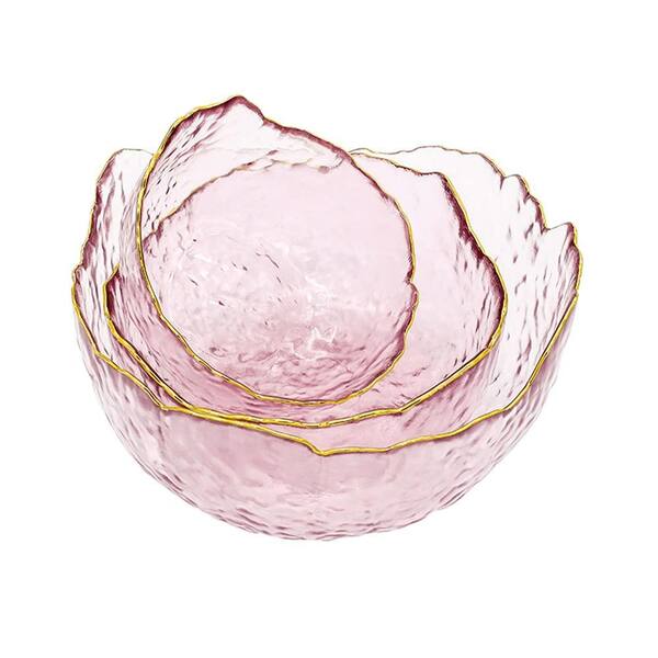 3-Pack Nesting Glass Bowls Set with Irregular Lotus Edge and Wave Texture, 7.8 in Large, 6.3 in Medium,