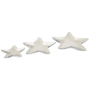 White Handmade Aluminum Metal Starfish Textured Enameled Decorative Bowl with Silver Base (Set of 3)