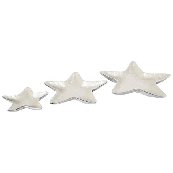 Litton Lane White Handmade Aluminum Metal Starfish Textured Enameled Decorative Bowl with Silver Base (Set of 3)