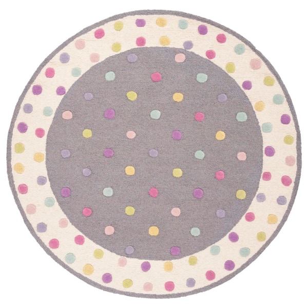 Kids 3 ft. x 3 ft. Gray/Multi Border Polka-Dot Round Area Rug