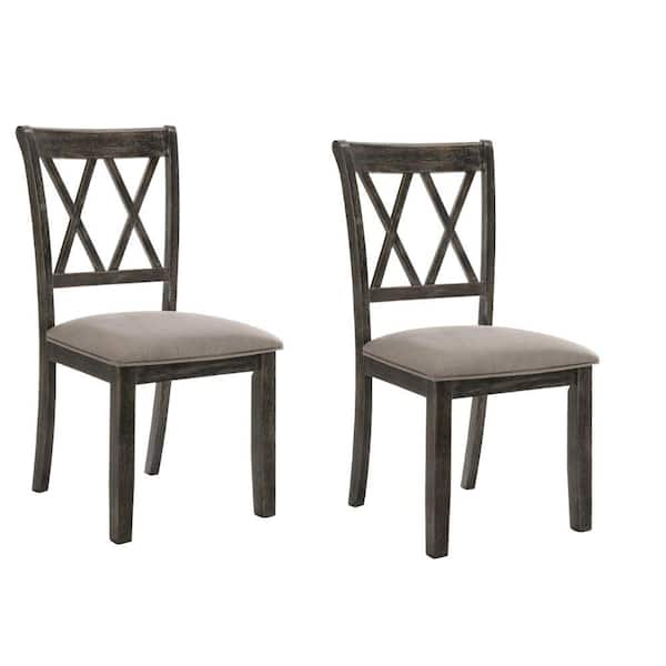 Benjara Brown Wooden Side Chair with Dual X Shape Backrest and Padded Seat (Set of 2)