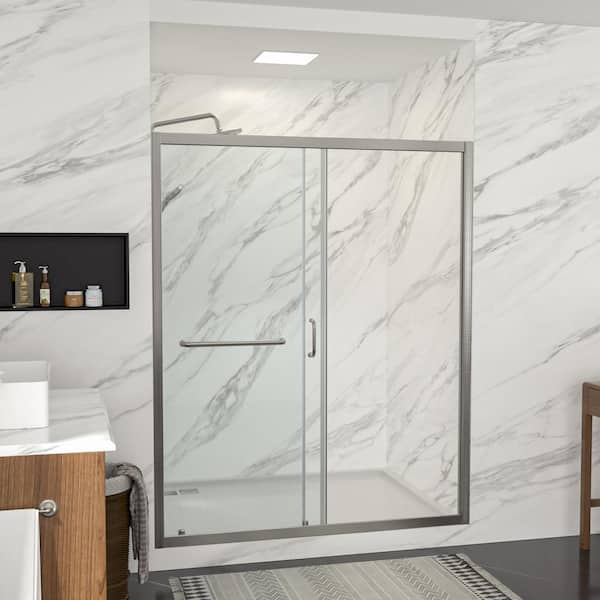 LORDEAR 48 in. W x 72 in. H Semi-Frameless Single Sliding Shower Door/Enclosure in Brushed Silver with Clear Glass